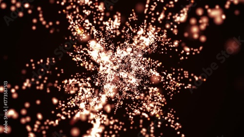 Abstract animation of glowing golden particles, dynamic particle explosion. Futuristic digital background, Seamless looping video 4K