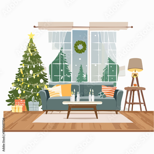 modern living room interior with window and wooden furniture