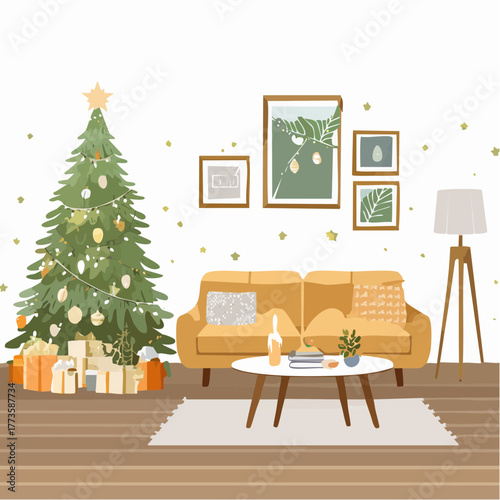 Cozy living room decorated with a Christmas tree and gifts