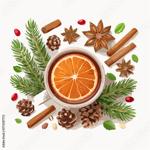 Hot Christmas mulled wine with spices and orange slices
