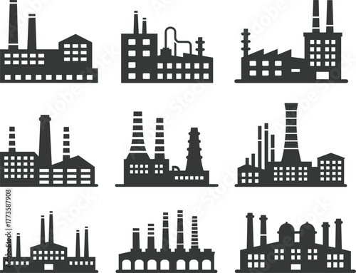 Industrial factory building silhouettes, black manufacturing plant icons, power station industry illustration, refinery structures, warehouse symbols, vector production facility design