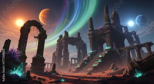 Alien Ruins Under a Multi-Planetary System A Sci-Fi Landscape of Ancient Monuments