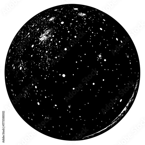 Abstract black and white textured sphere with scattered white dots and starbursts resembling a celestial body