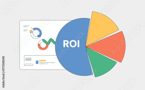 Pie chart with roi text and financial graphs showing business growth and investment return analysis