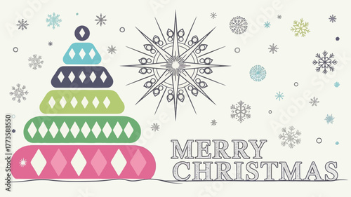 Whimsical geometric christmas tree with snowflake and festive merry christmas text against a light background