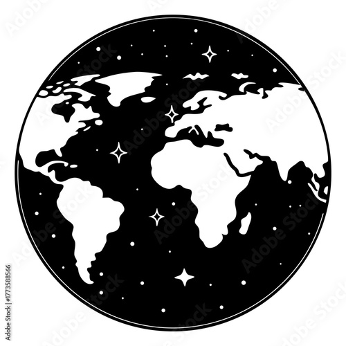 Stylized black and white illustration of planet earth with continents and stars in outer space