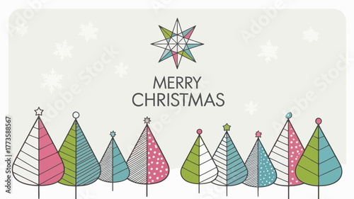 Whimsical hand drawn christmas trees with festive patterns and a star topper on a light background with snowflakes