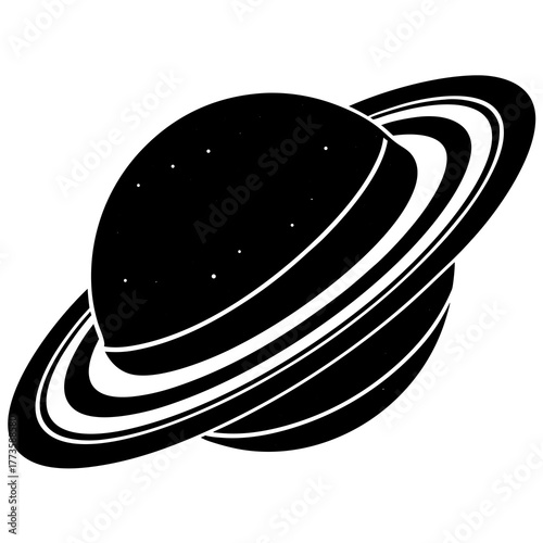 Stylized black and white illustration of planet saturn with its iconic rings and distant stars