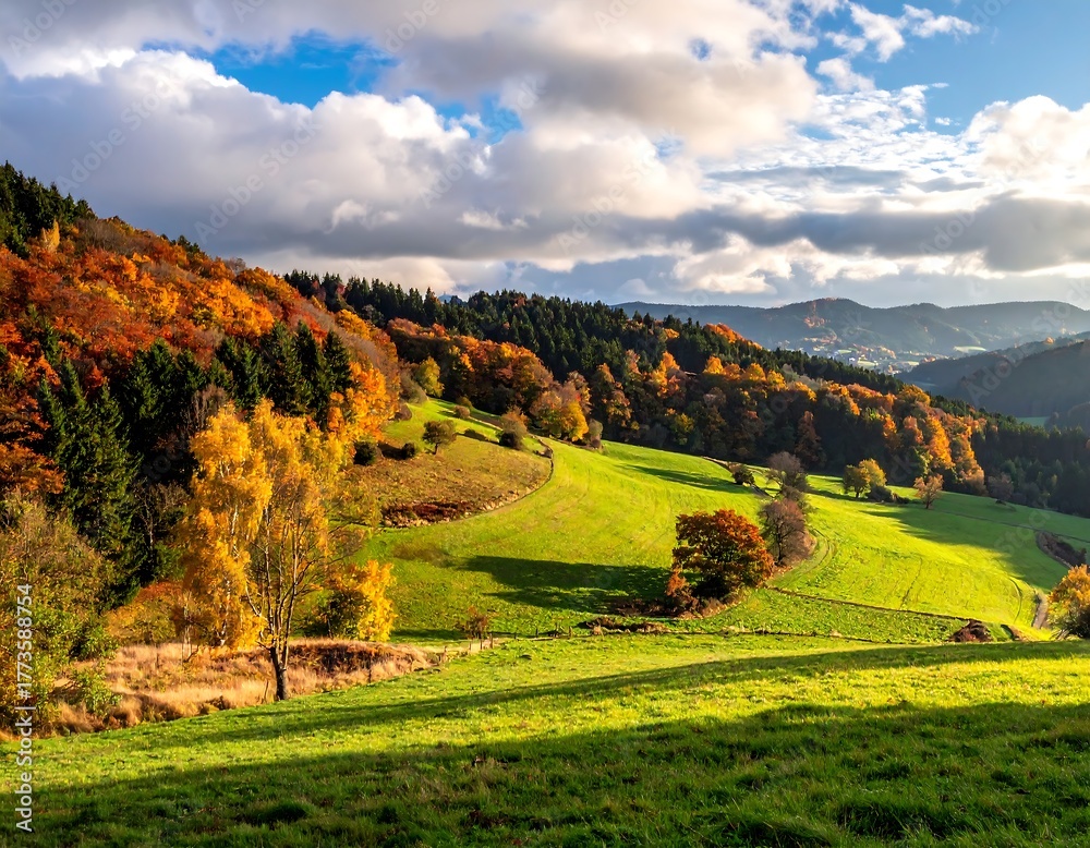 Obraz premium Vivid autumn landscape with rolling green hills, colorful trees, and a bright sky