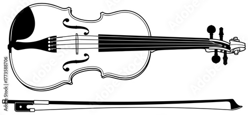 Violin and bow illustration, black and white top-down vector showing detailed classical instrument parts for music education and design