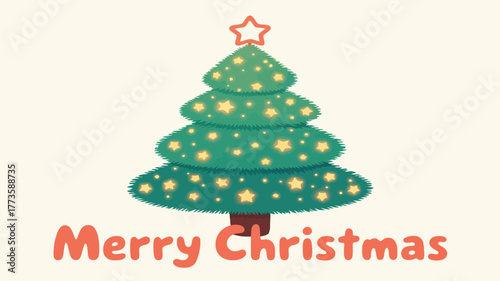 Festive cartoon christmas tree decorated with lights and stars topped with a star with merry christmas text below