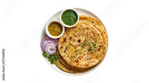 A savory stack of golden brown paratha garnished with herbs served with two chutneys and sliced red onion on a white plate