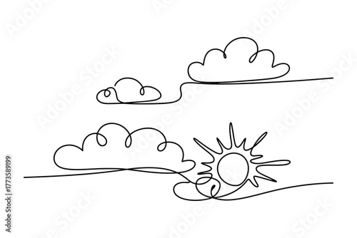 Continuous line art shows the sun shining brightly with puffy clouds above, transparent background