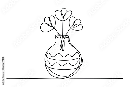 Continuous line illustration shows blooming flowers standing inside vase displaying simplicity on a transparent background