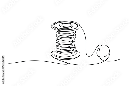 Continuous one line drawing showcases spool of thread with thread unraveling elegantly