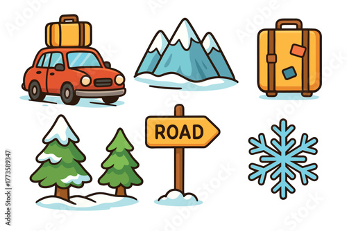 Winter travel adventure with mountains, snow, and road signs. Set of 6 Christmas vector illustration