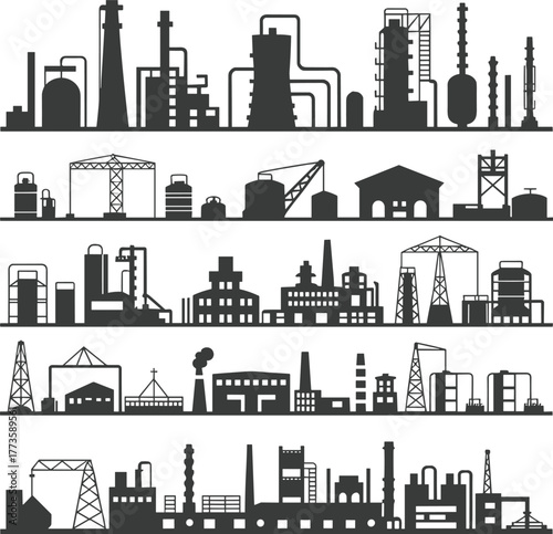 Industrial Factory Silhouette Icons Set, Vector Power Plant, Manufacturing Buildings, Oil Refinery, Warehouse Structures, Industry Design Elements, Engineering Illustration