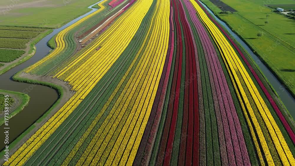 Aerial view of vibrant flower fields displaying a stunning array of ...