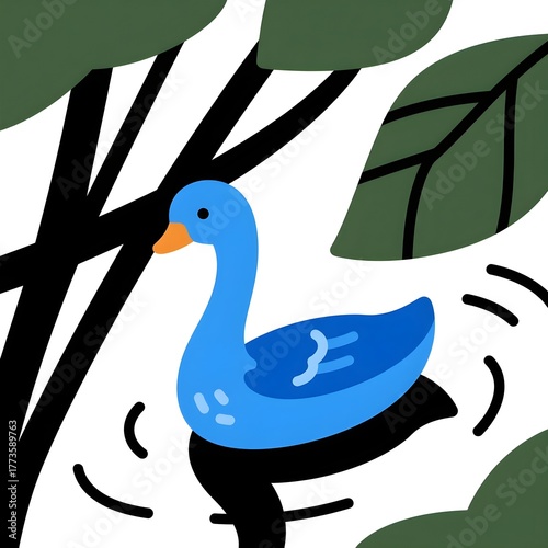 Blue goose swimming in water surrounded by trees and leaves