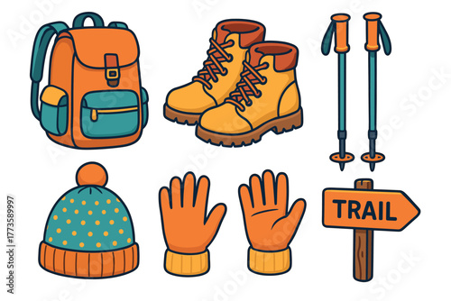 Gear for hiking adventure on a mountain trail. Set of 6 Christmas vector illustration