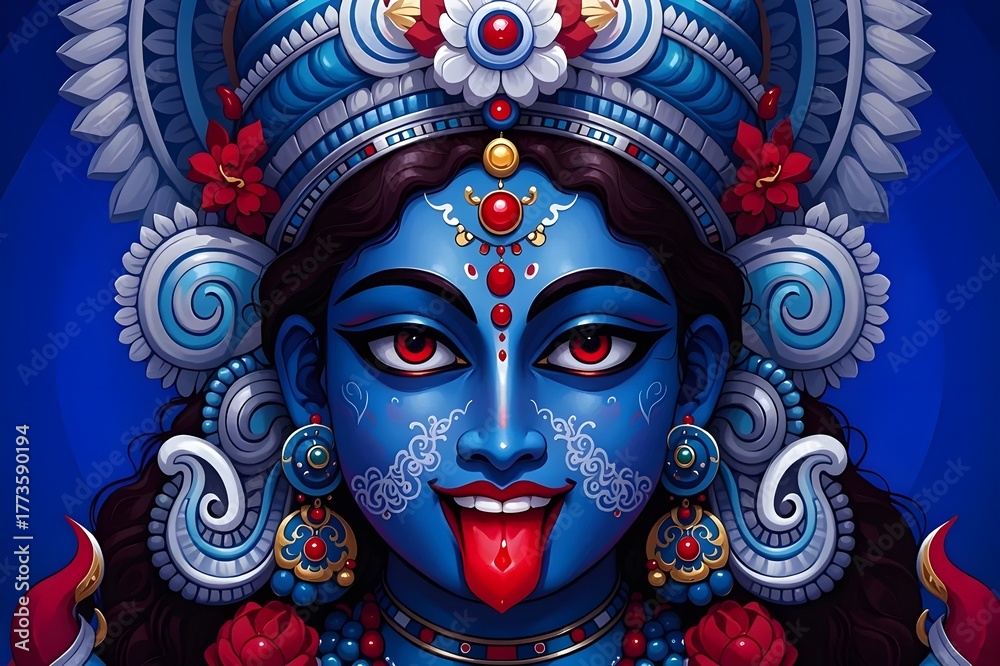 Naklejka premium Intense portrait of hindu goddess kali with blue skin and red eyes