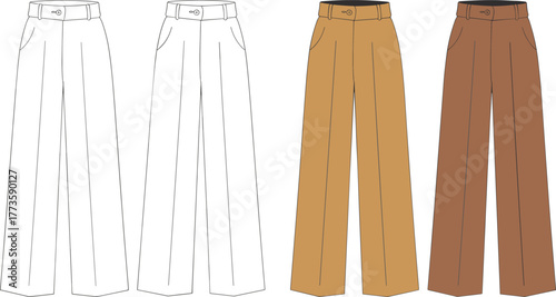 High waist women wide leg pants technical fashion flat, front and back view, CAD drawing, editable vector template illustration