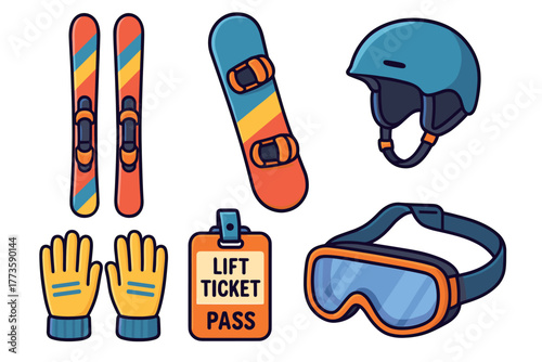 Winter sports equipment for skiing and snowboarding activities. Set of 6 Christmas vector illustration