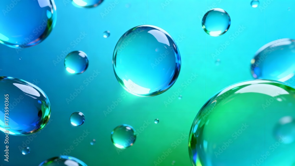 Obraz premium Transparent blue water droplets floating on turquoise background