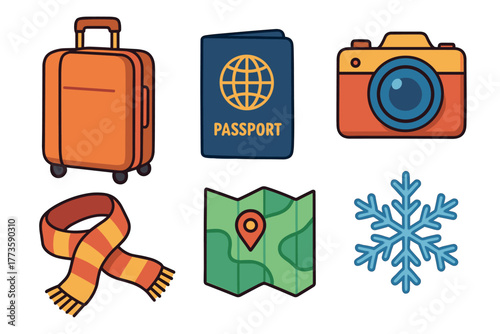 Travel essentials for winter adventure and exploration. Set of 6 Christmas vector illustration
