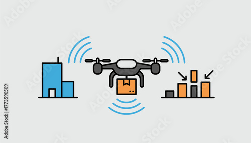 A drone equipped with IoT technology for delivering packages showcasing its ability to communicate with delivery systems and avoid obstacles.