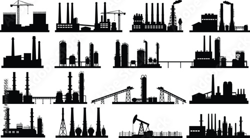 Industrial factory silhouette set, refinery plant vector icons, oil industry illustration, black manufacturing 