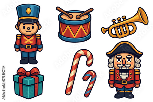 Holiday winter decorations with toy soldiers and musical instruments. Set of 6 Christmas vector illustration