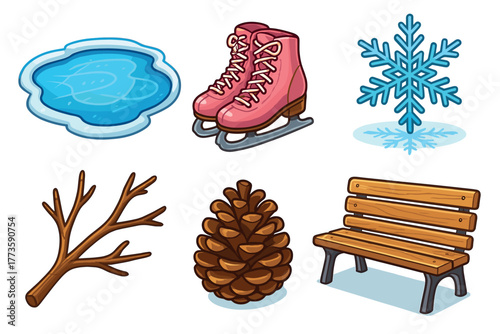 Winter recreation with ice skates, pine cone, and snowflakes. Set of 6 Christmas vector illustration