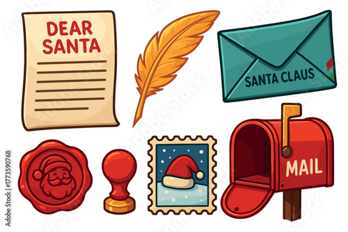 Christmas letter writing elements and holiday mail items. Set of 6 Christmas vector illustration
