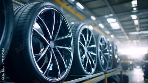 New car tires with alloy wheels on rack in factory warehouse industry