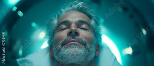 Mature man lies in futuristic pod bed with eyes closed in serene rest