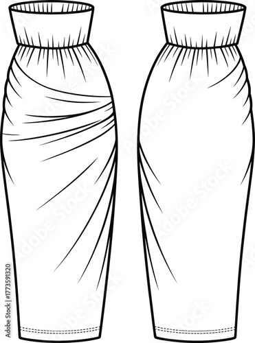 High waisted gathered pencil skirt fashion flat sketch, front and back technical drawing, modern women’s clothing CAD vector