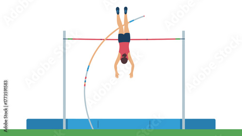 A woman is doing a pole vault with a pole and a bar in a sports competition on a green field
