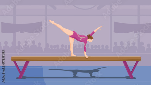 A gymnast performing a handstand on a balance beam in front of an audience in a gymnasium setting