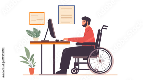 Man in wheelchair working on desktop computer at modern home office desk with plants and framed wall art flat vector illustration