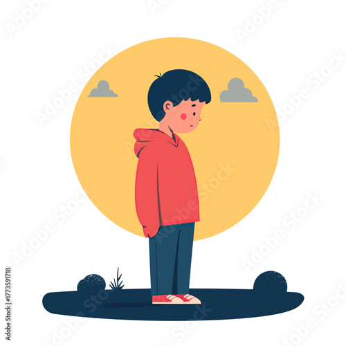 Sad child standing alone with downcast expression in red hoodie minimalist flat vector illustration with yellow background and isolated clouds
