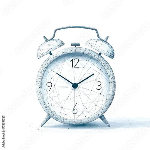 Low poly wireframe vintage alarm clock with geometric polygonal lines and dots on white background, abstract timer concept illustration