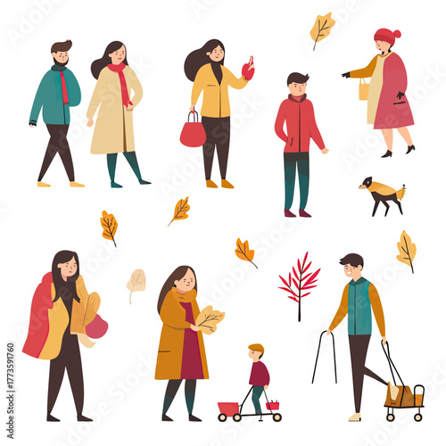 Flat minimalist vector illustration of diverse people dressed in autumn clothing with fall leaves, walking, playing, and carrying items in seasonal outdoor scene
