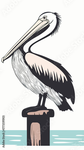Minimalist vector illustration of large pelican bird standing on wooden post over calm sea with simple soft color palette and clean lines for wildlife design concept
