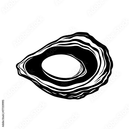 Black and white oyster shell silhouette with smooth pearl inside flat minimalist vector illustration for seafood and marine logo design concept
