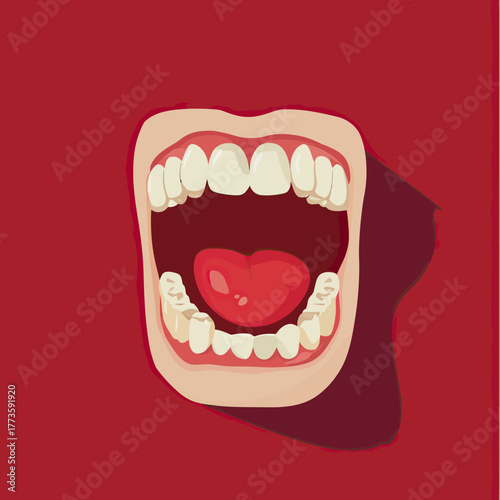 Open Mouth with Teeth and Tongue in Flat Minimalist Style on Red Background Dental Oral Health Concept Vector Illustration
