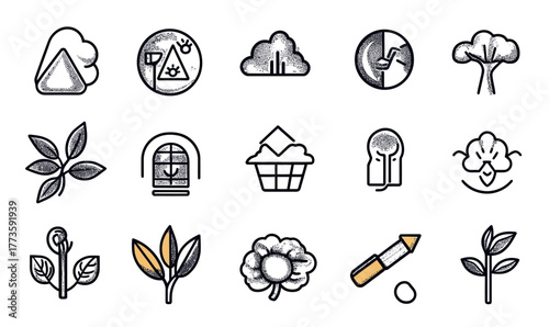 Minimalist black and white ecology and environment icons set including plant sprout, greenhouse, flower, cotton, seed, tree, soil, cloud, and renewable energy symbols in flat line style
