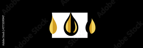 Black gold oil drop logo design with central droplet silhouette and symmetrical side drops in minimalist flat vector style on black background