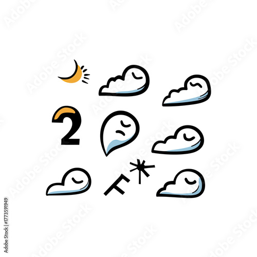 Minimalist doodle set of sleepy clouds and sleep symbols with crescent moon and night icons in cartoon sketch style for dreaming concept