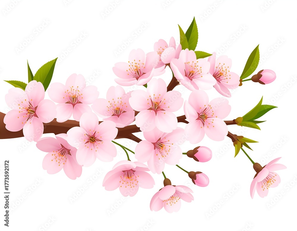 Obraz premium Delicate branch blossoming with soft pink flowers and green leaves